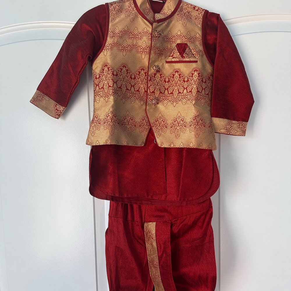 Traditional Maroon and Gold boys kurtha pyjama set